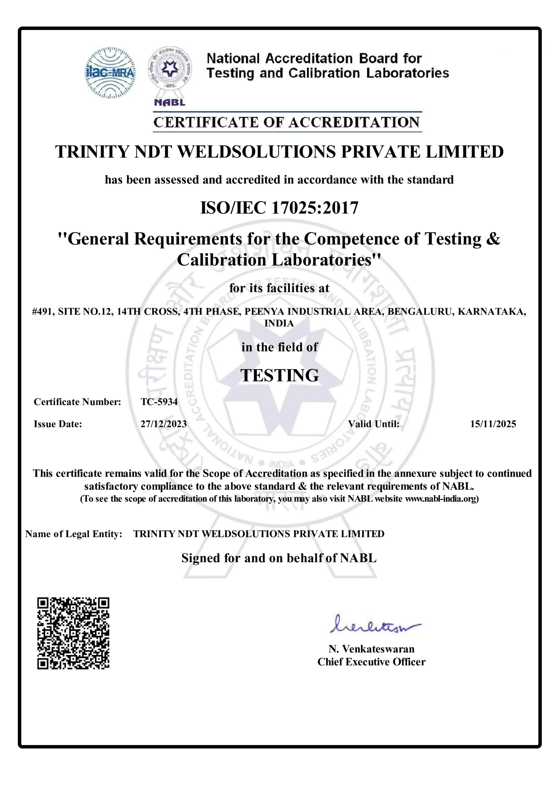 NABL ISO17025 Accreditation Certificate