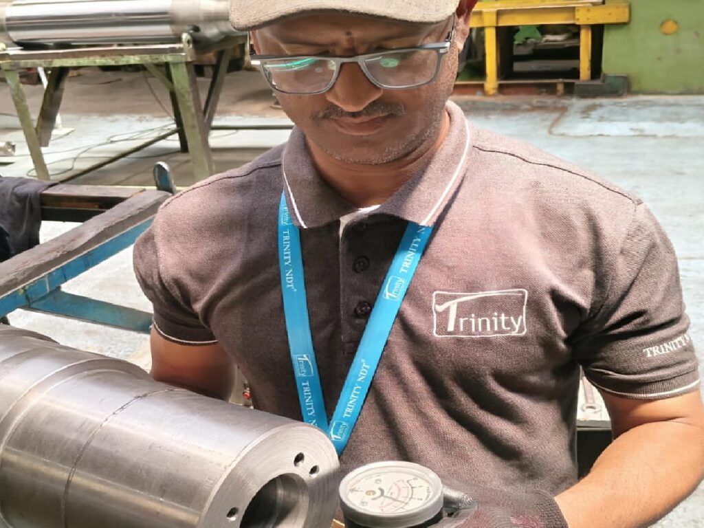 Gaussmeter showing less than 3 Gauss residual magnetism after successful demagnetisation — Trinity NDT WeldSolutions Peenya Bangalore