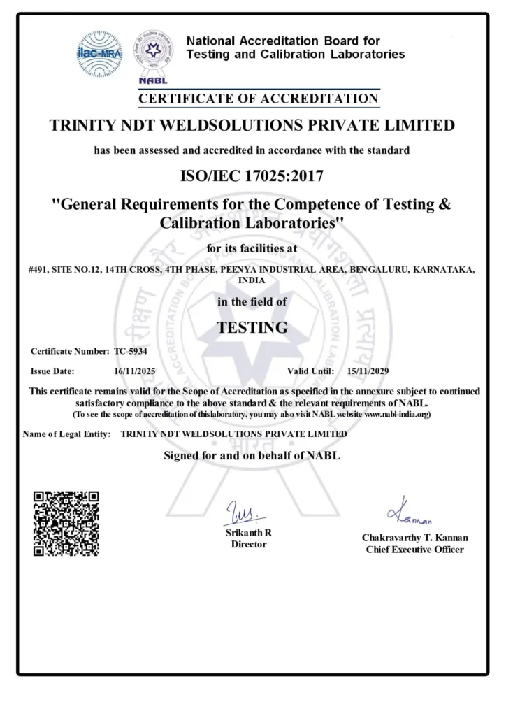 NABL Accreditation Certificate of Trinity NDT Bangalore India valid through 2029